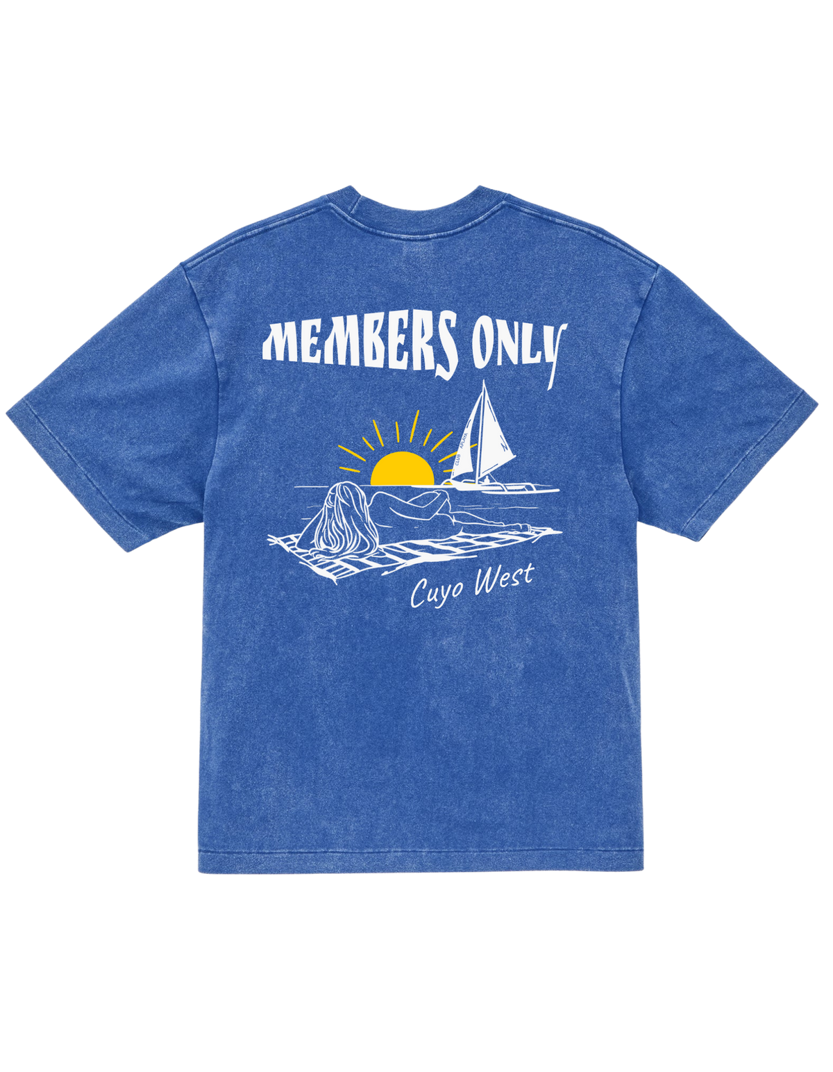 Back of a blue Members Only Cuyo West T-shirt with a golden sunset and sailboat graphic.